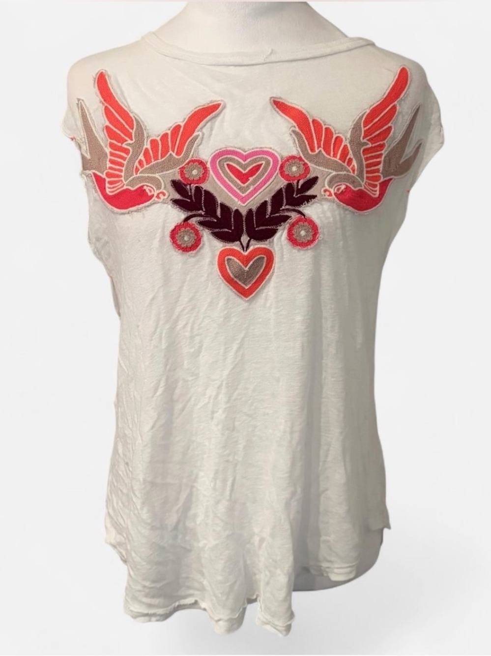 Free People Embroidered Love Birds Tank Top, Criss Cross Back, Size Medium